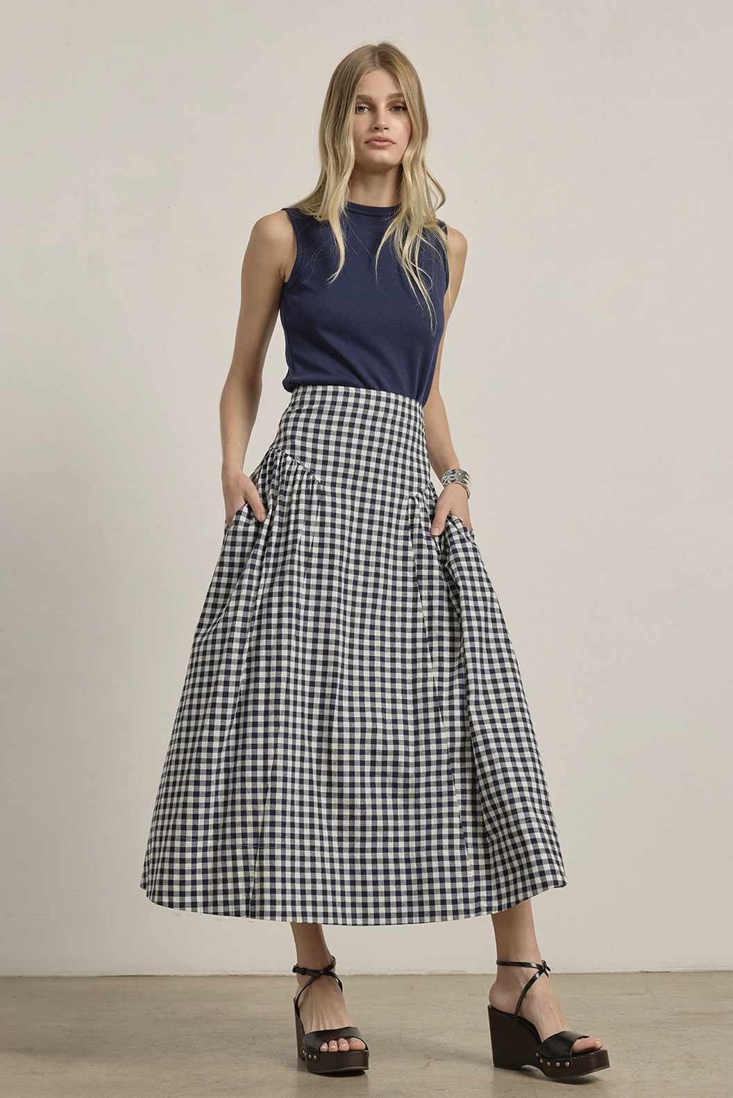 Hip Pleat Midi Skirt Navy Gingham