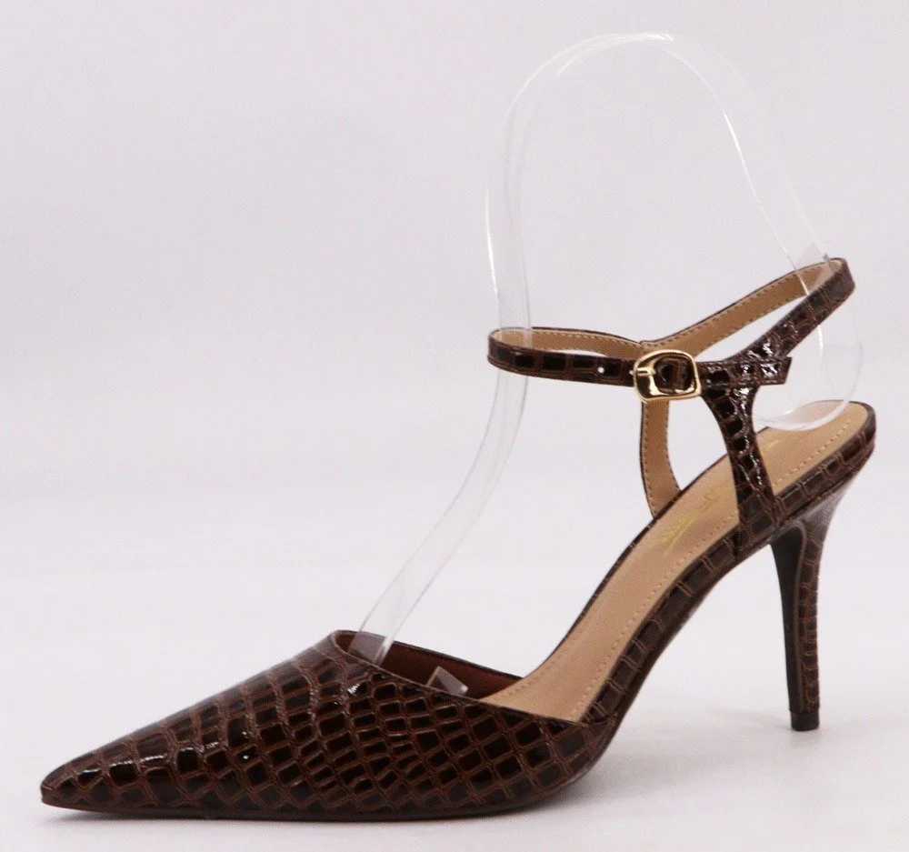 Pointed Toe Ankle Strap Pumps Brown Faux Crocodile