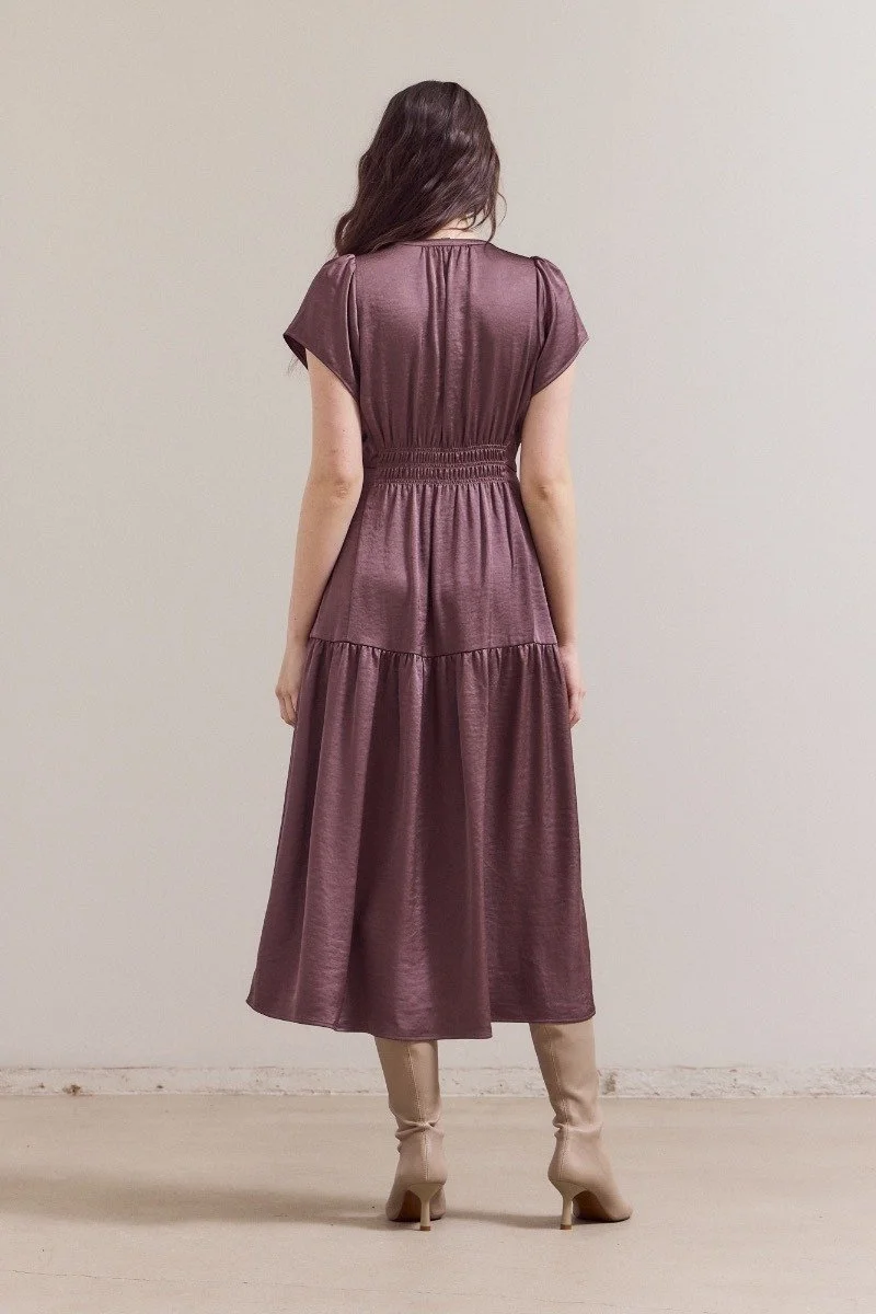 Cap Sleeve Tiered Satin Midi Dress Aubergine
