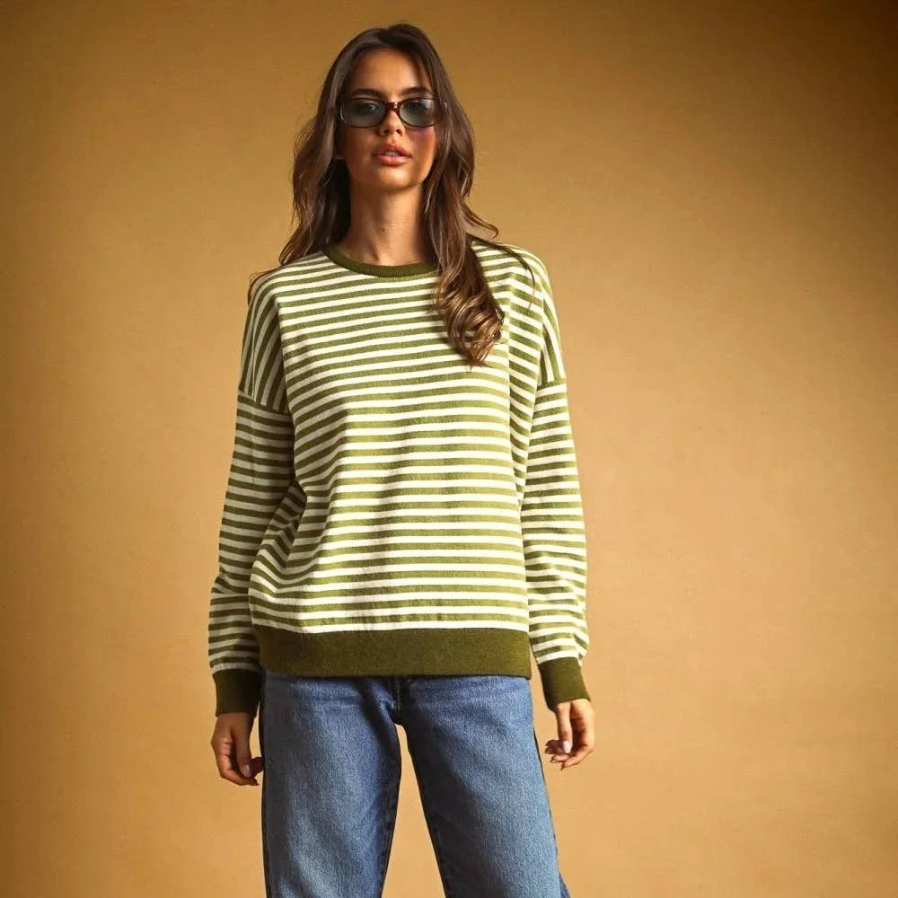 Contrast Trim Striped Sweater Sage & Ivory