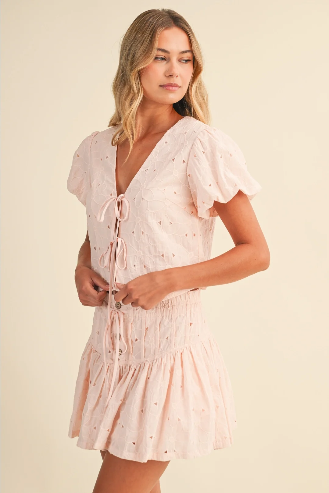 Floral Eyelet Puff Sleeve Top & Mini Skirt Set Blush
