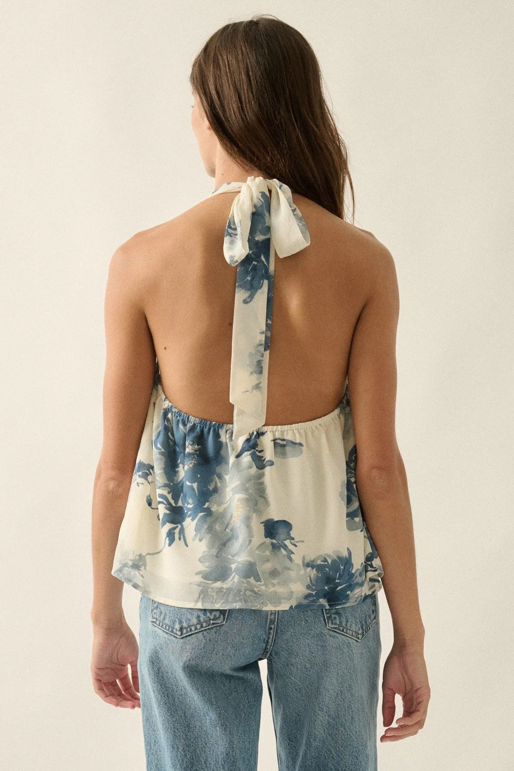 Chiffon Cowl Neck Halter Blouse Soft Blue Floral