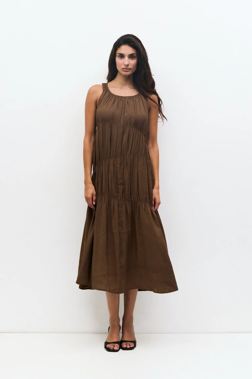 The Vittoria Tiered Midi Dress Brown