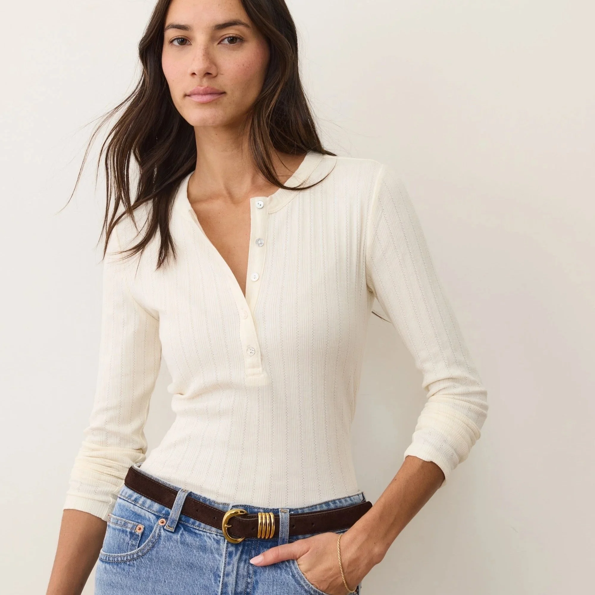 Marine Layer Lexi Pointelle Henley Antique White