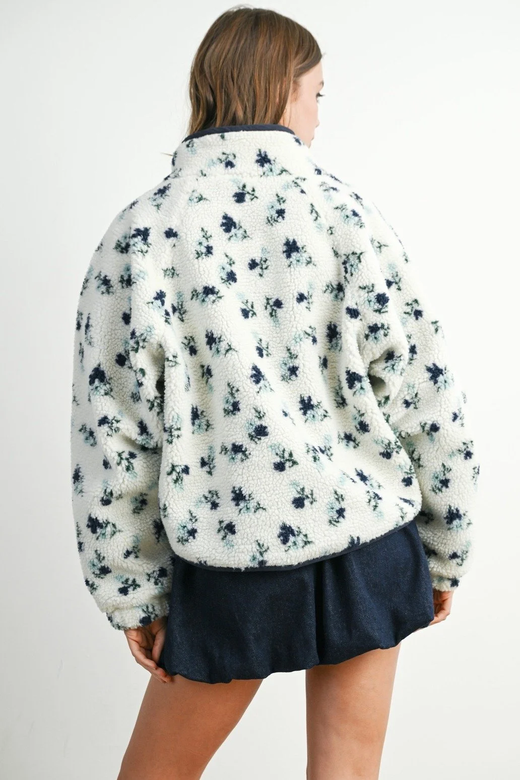 Floral Fleece Snap Button Jacket Ivory & Navy