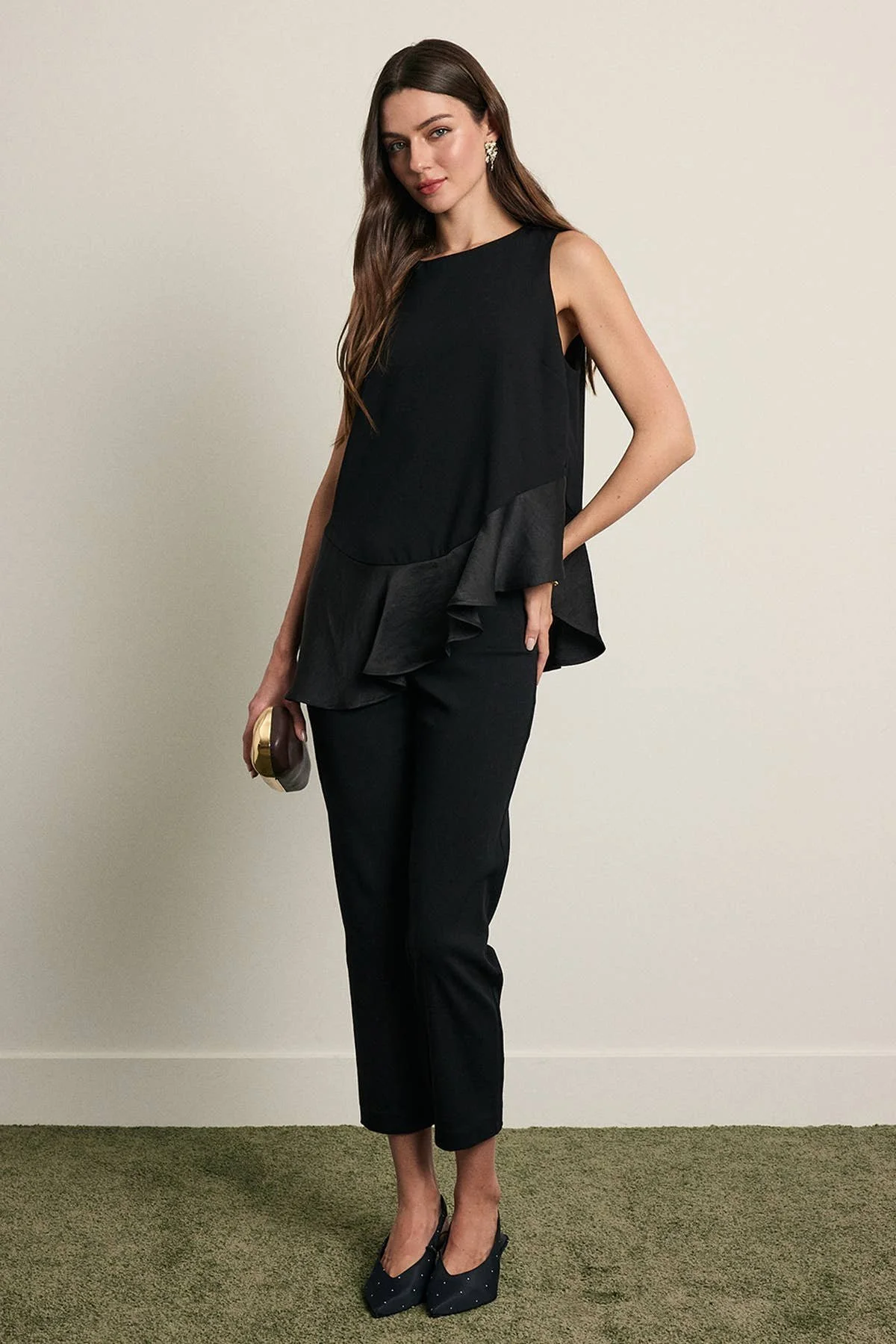 Satin Ruffle Hem Sleeveless Blouse Black