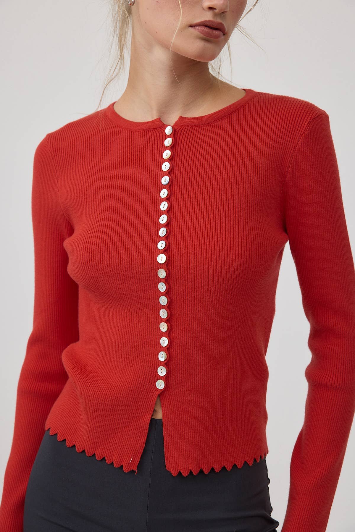 Scallop Trim Button Cardigan Red