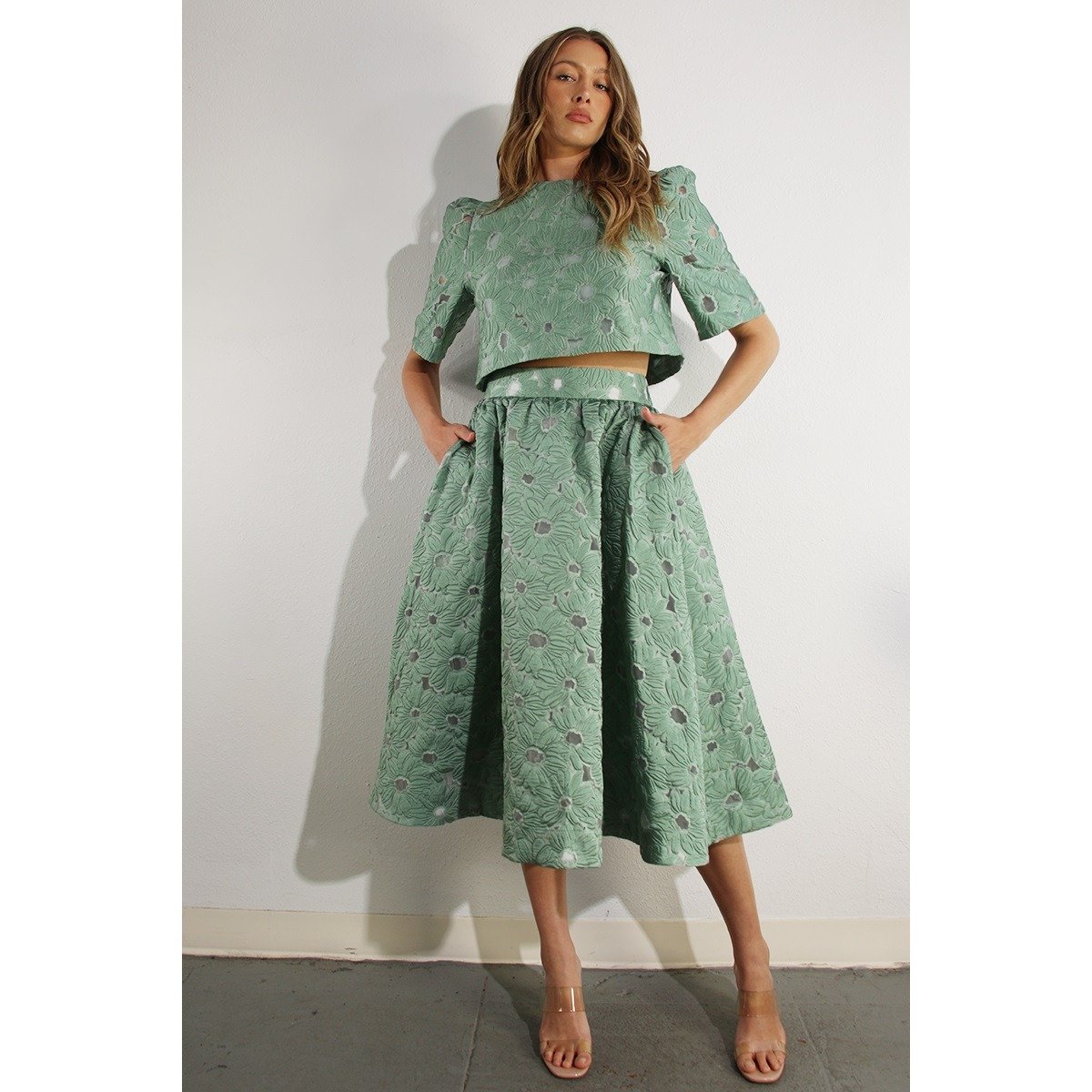 Floral Embossed Top & Skirt Set Mint
