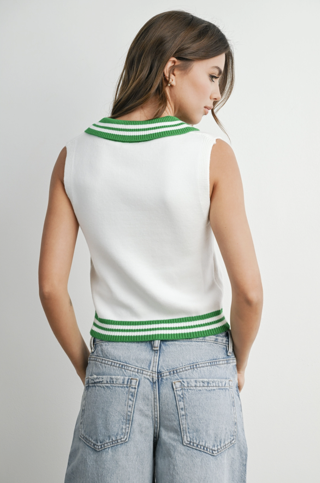Collared Sleeveless Knit Polo Ivory & Green