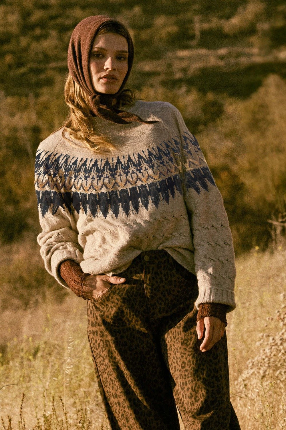 Cable Knit Fair Isle Raglan Sleeve Sweater Oatmeal