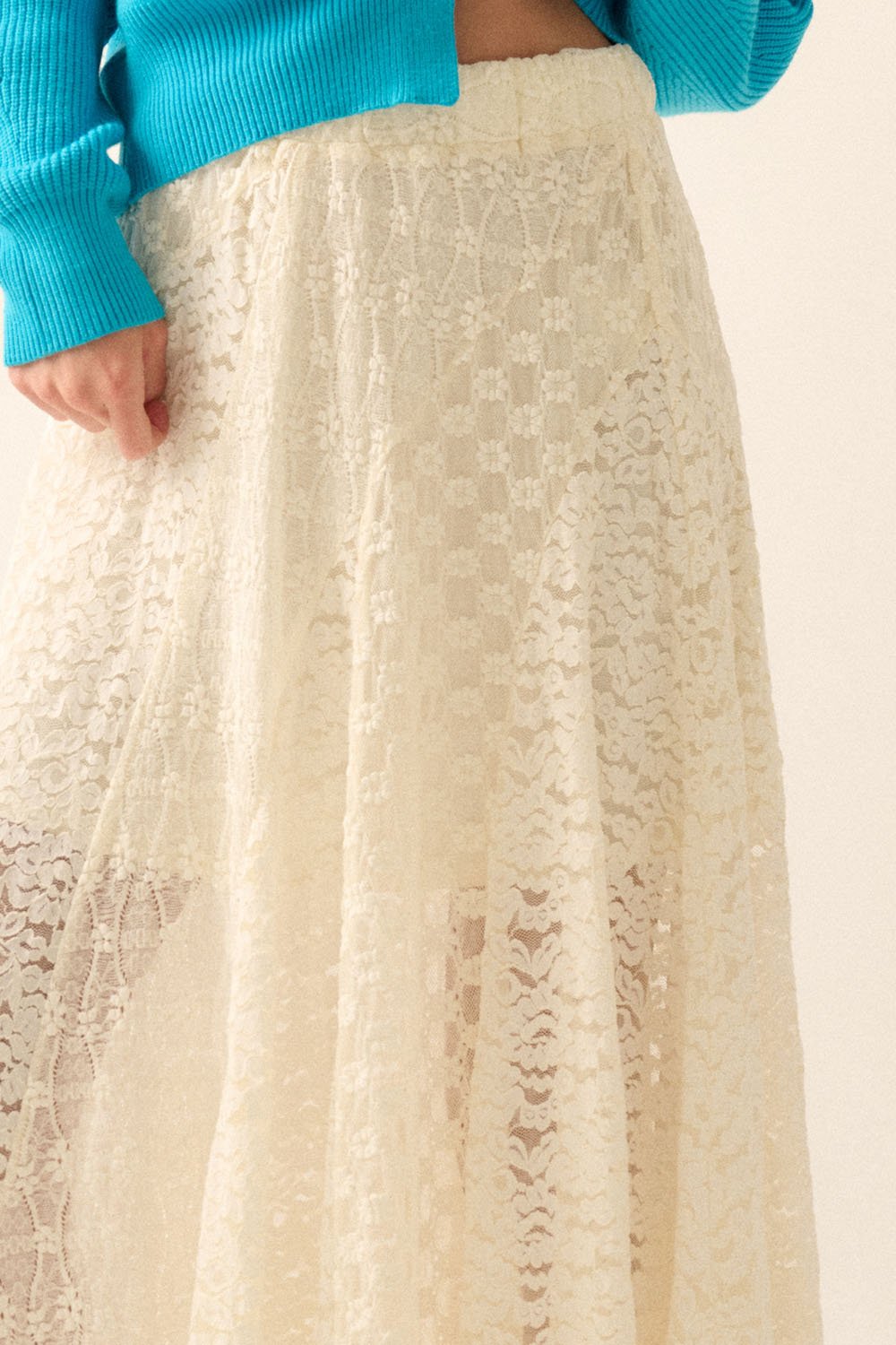 Floral Lace Panel Maxi Skirt Cream
