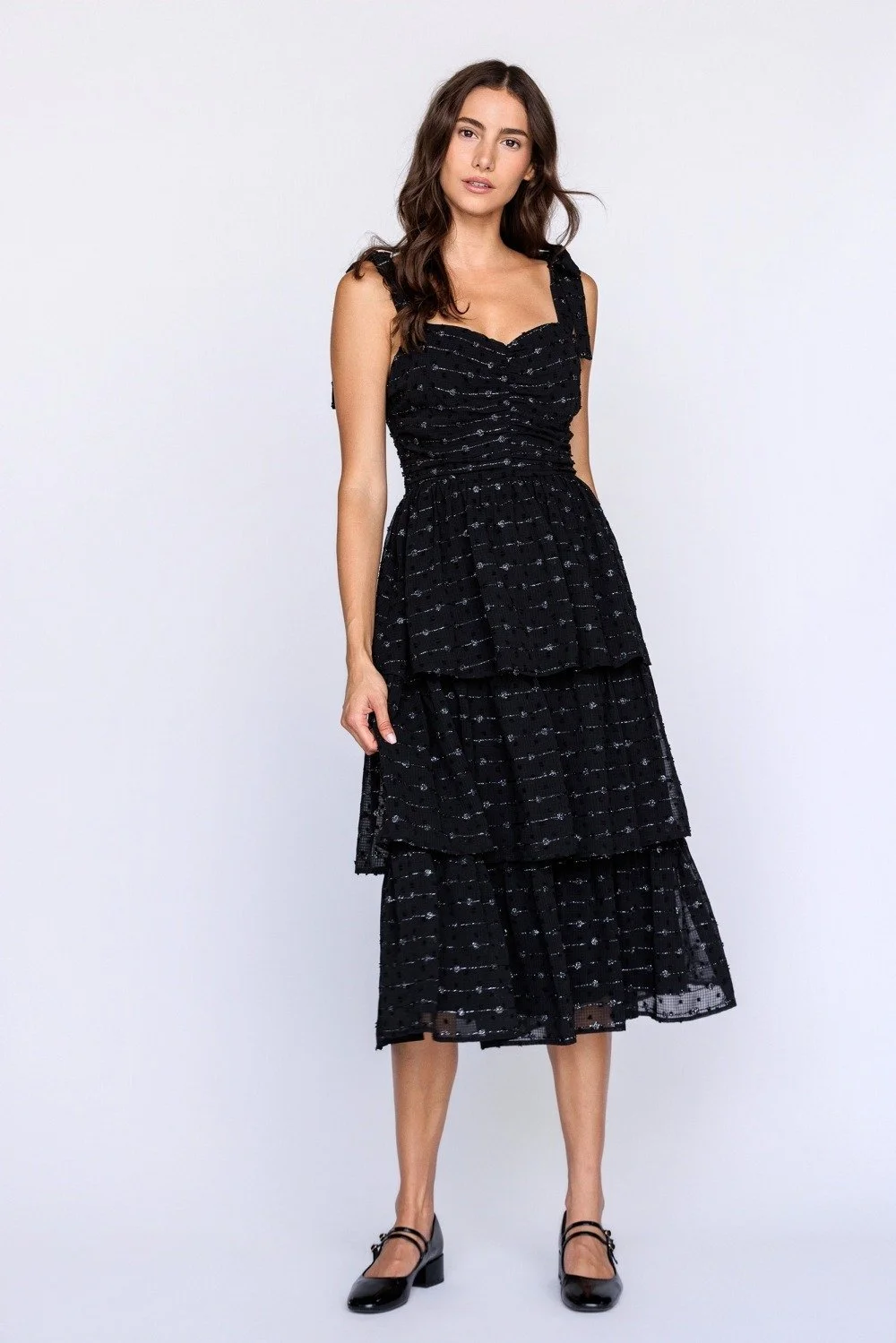 Tie Shoulder Tiered Midi Dress Black Metallic Dot