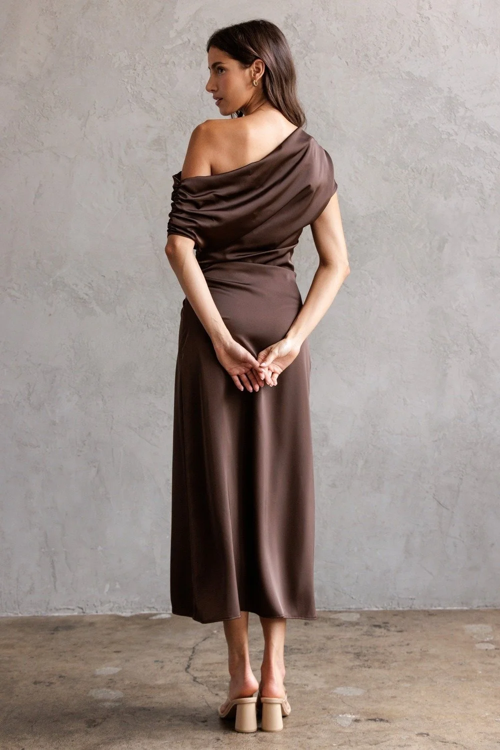 One Shoulder Ruched Satin Midi Dress Chocolate