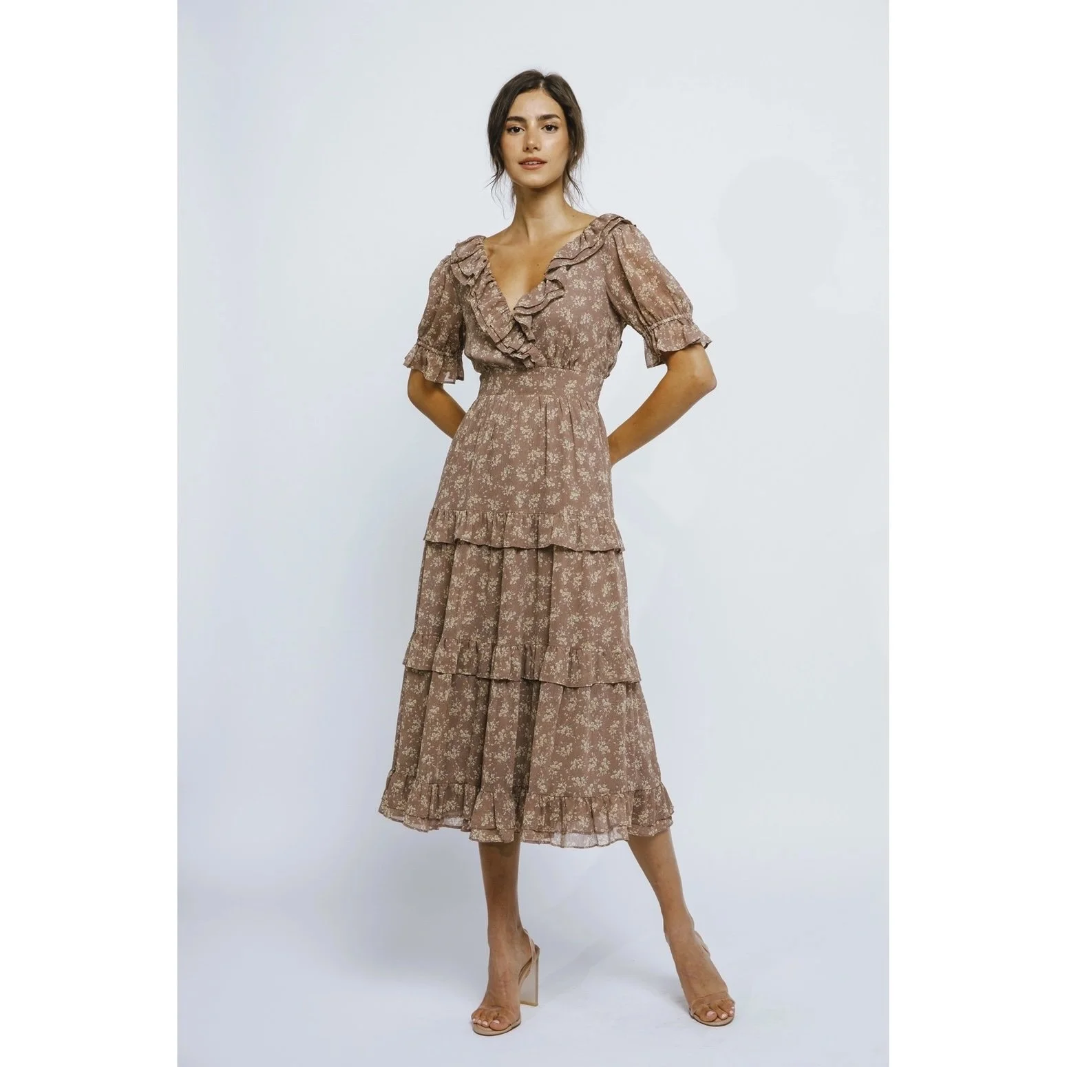 Ruffle Tiered Lace Back Midi Dress Taupe Floral  Byron & Barclay