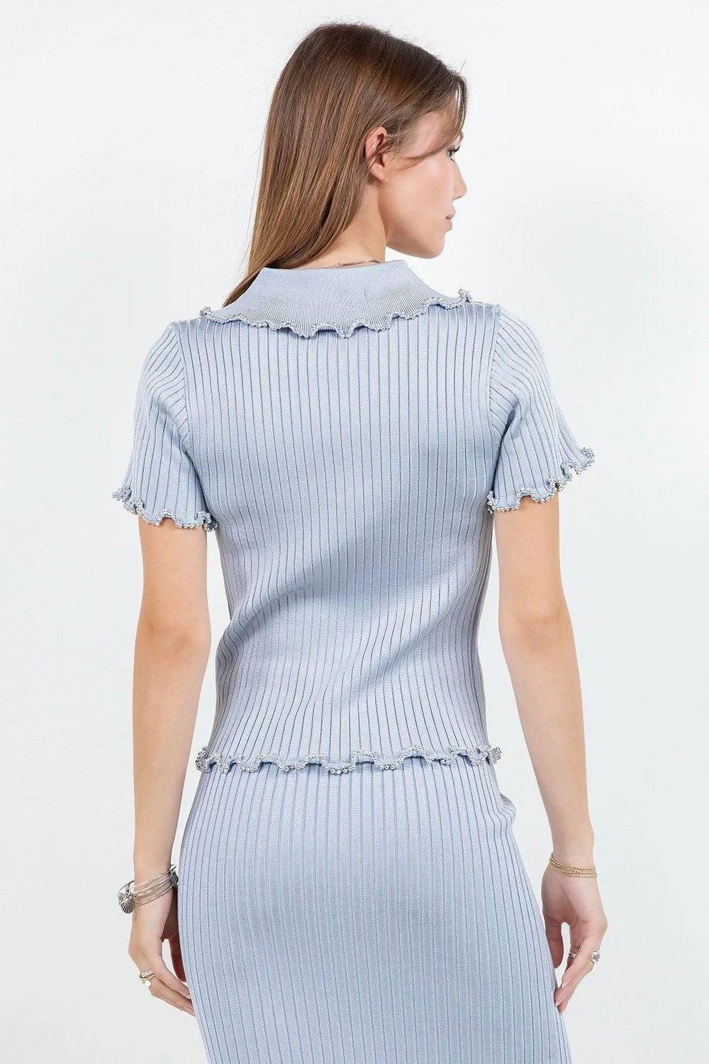 Ruffled Beaded Edge Sweater Top Baby Blue