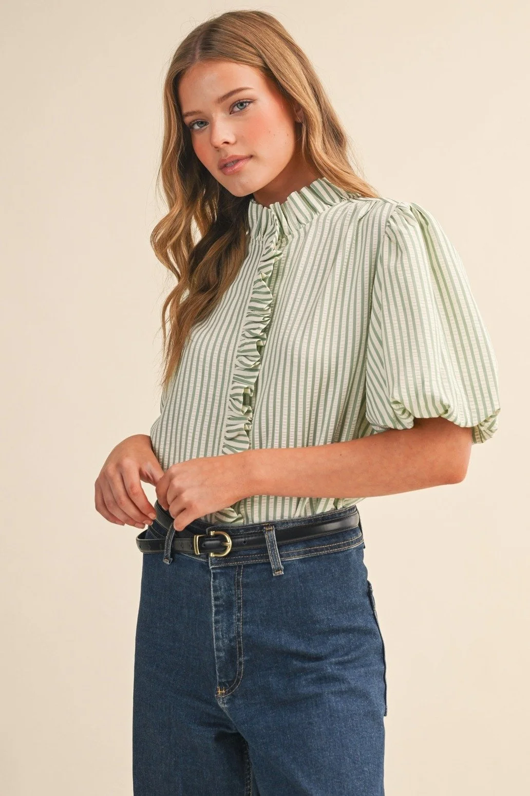Ruffle Collar Button Front Blouse Mint Seersucker