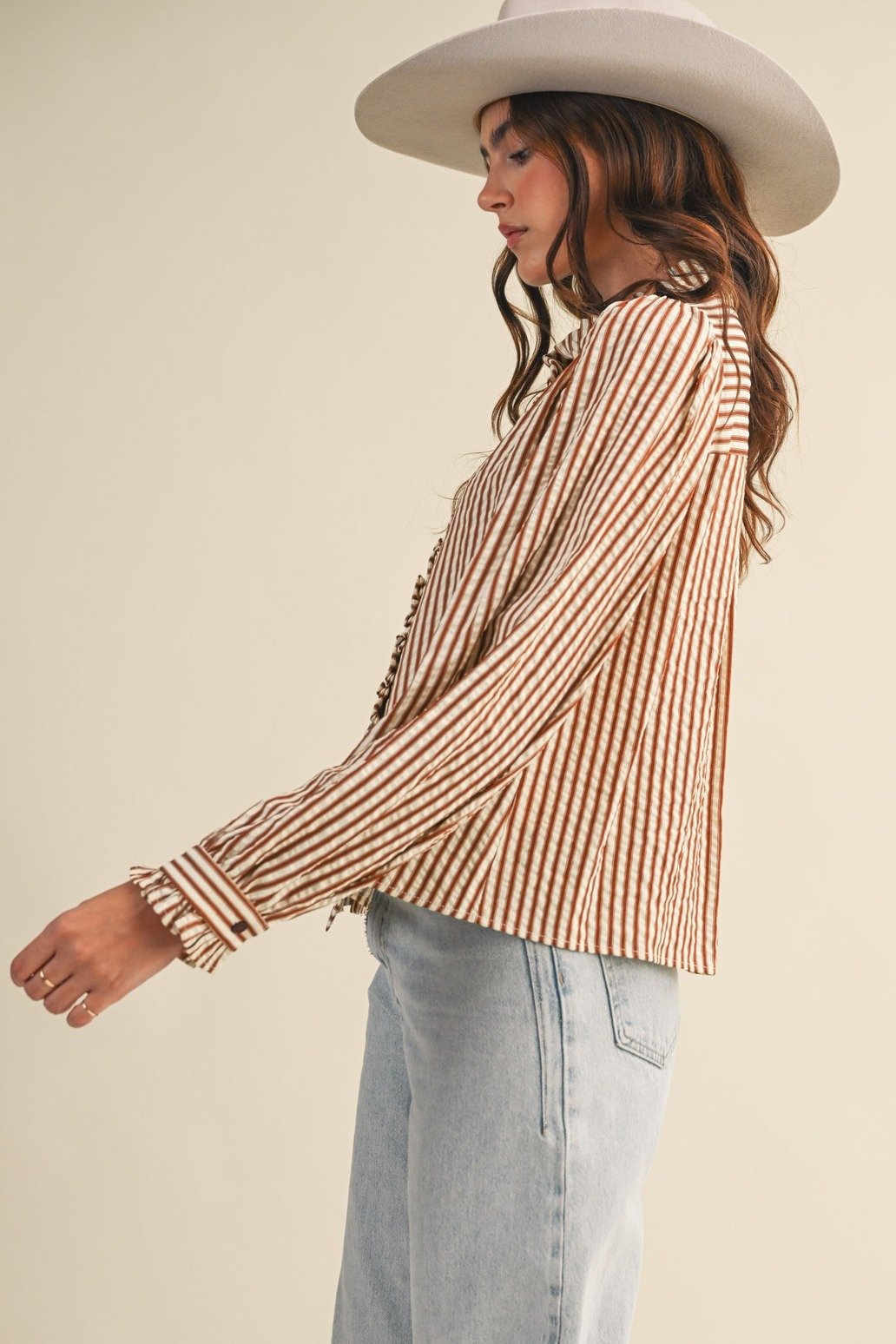 Ruffle Collar Button Front Blouse Pecan Ticking Stripe