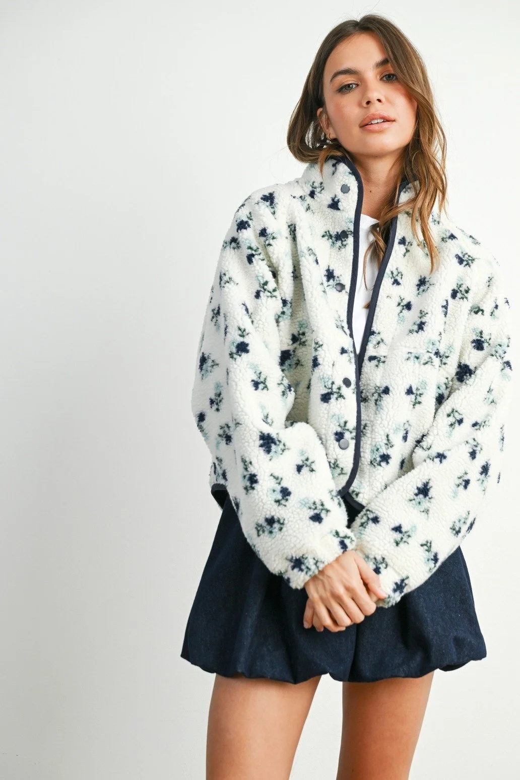 Floral Fleece Snap Button Jacket Ivory & Navy