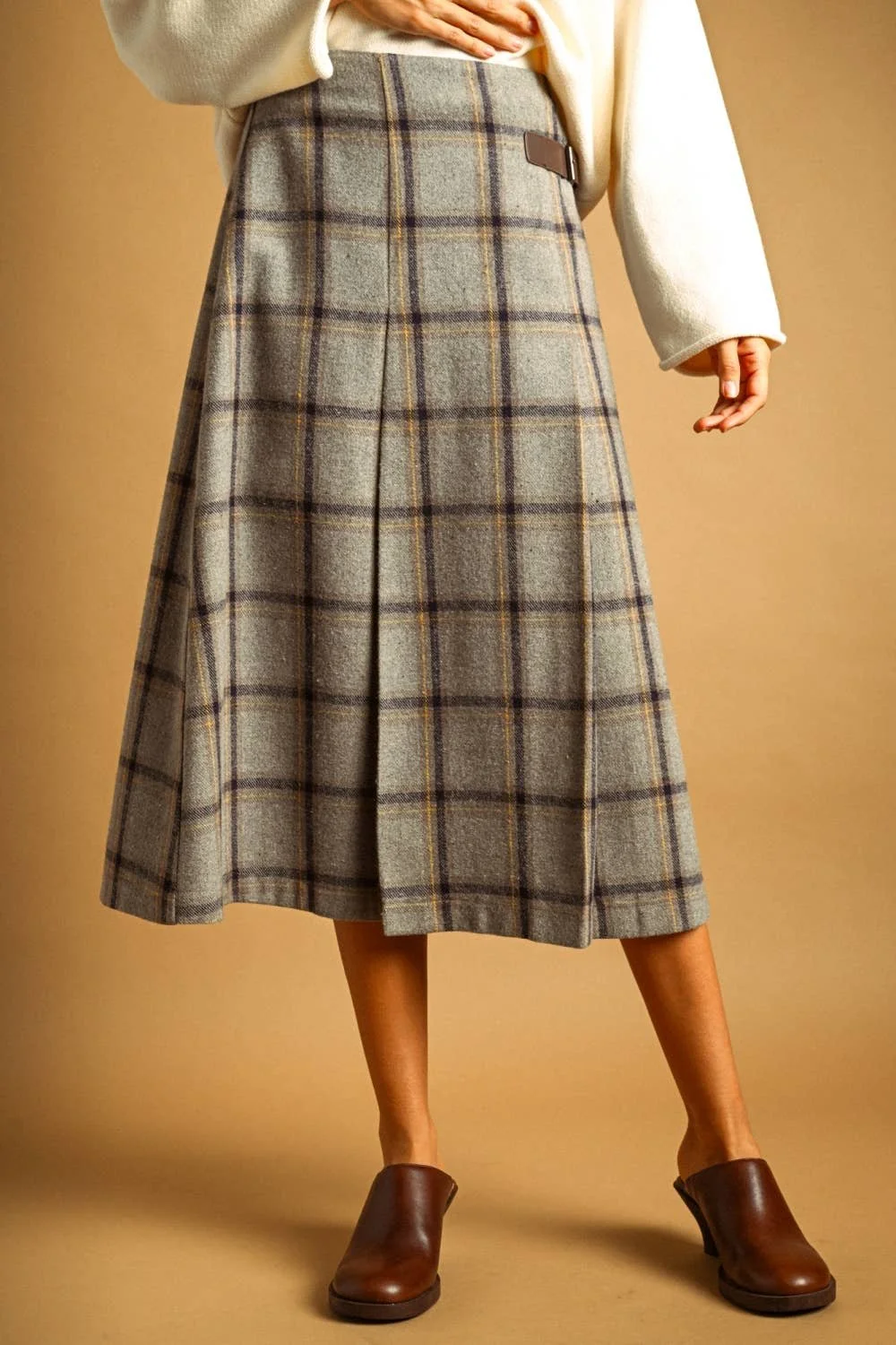 Pleated Midi Wrap Skirt Gray Multi Plaid