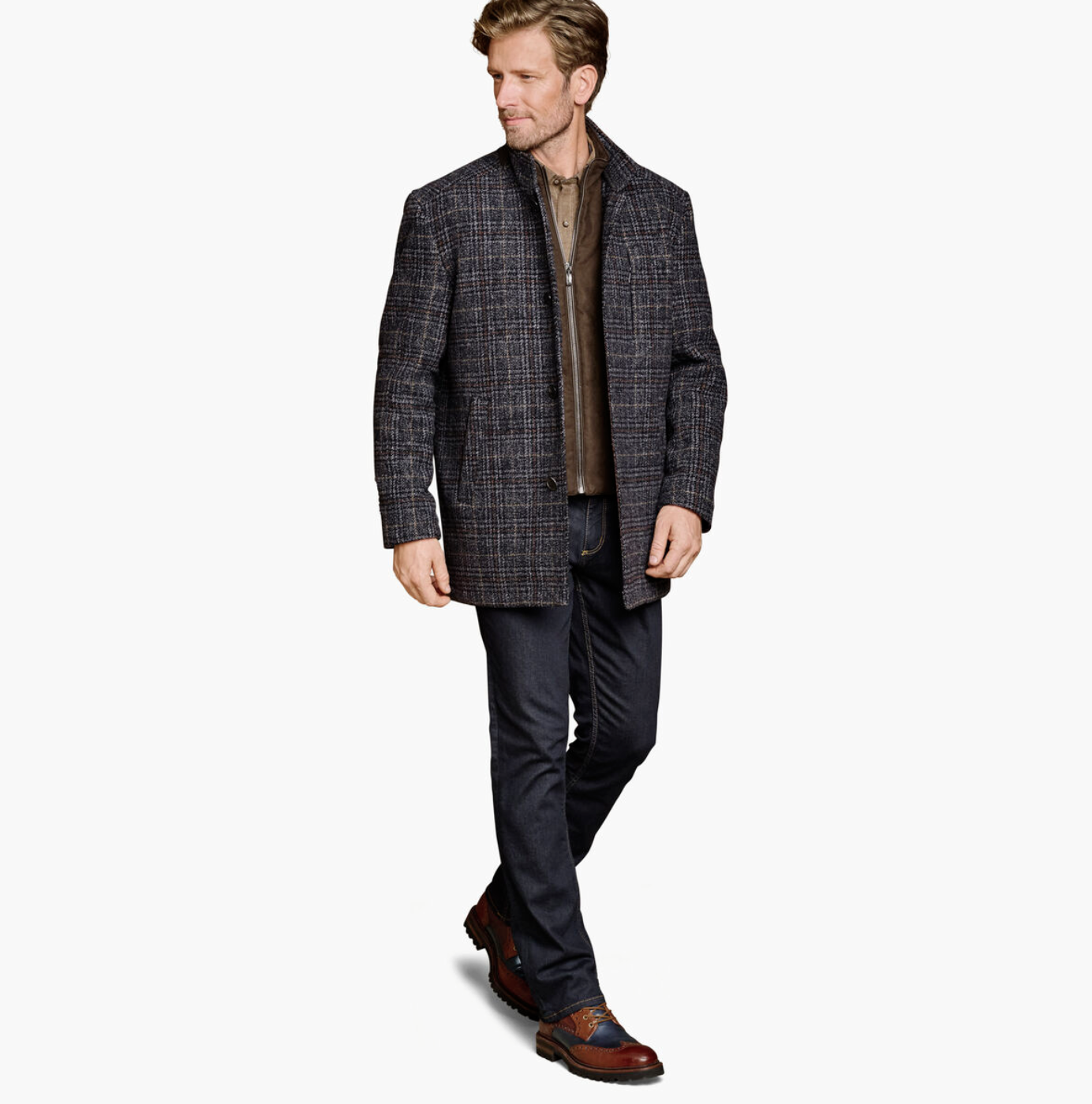 Johnston & Murphy Upton Car Coat Navy/Brown Plaid