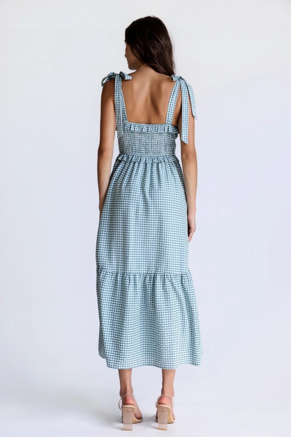 Bow Strap Smocked Midi Dress Teal Gingham