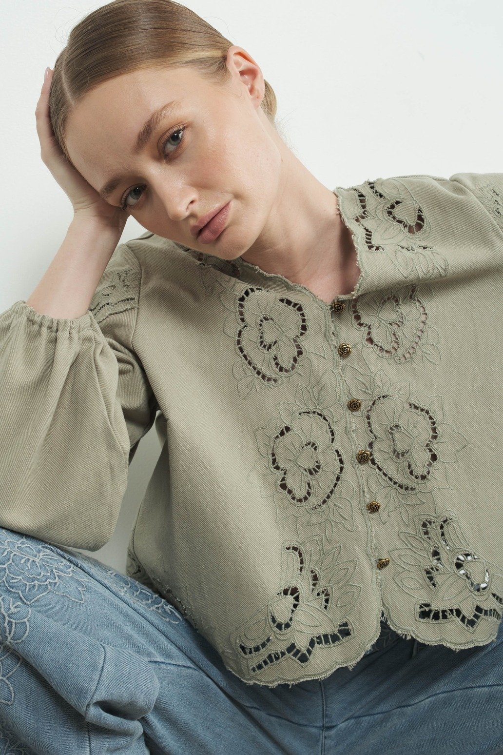 Embroidered Flower V-neck Button Blouse Olive