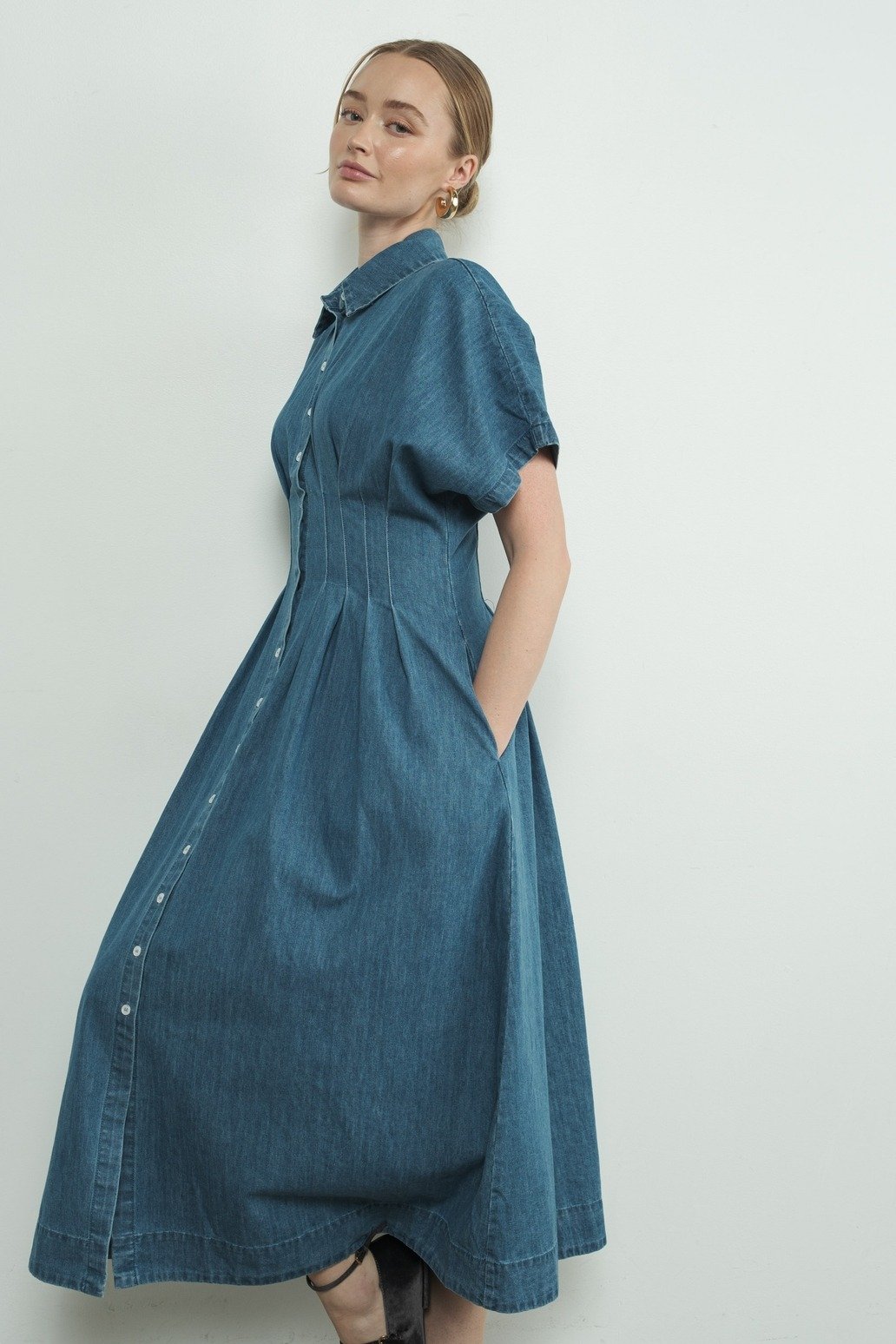 Collared Button Down Pleated Midi Dress Denim