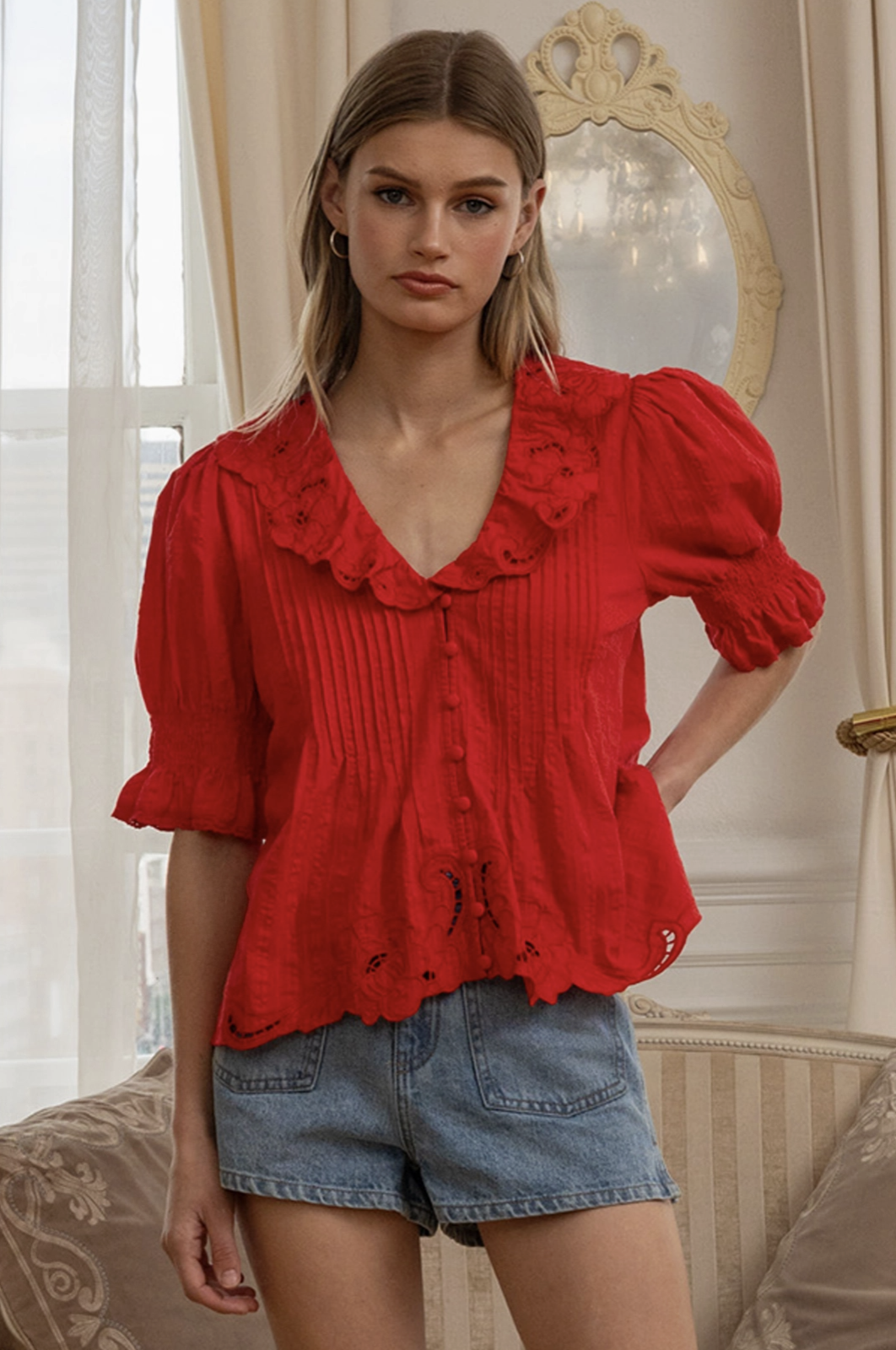 Embroidered Ruffle Collar Blouse Red