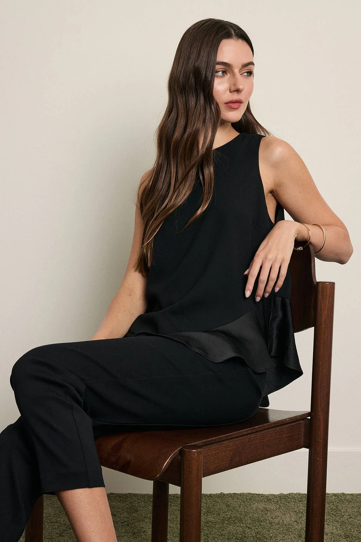 Satin Ruffle Hem Sleeveless Blouse Black