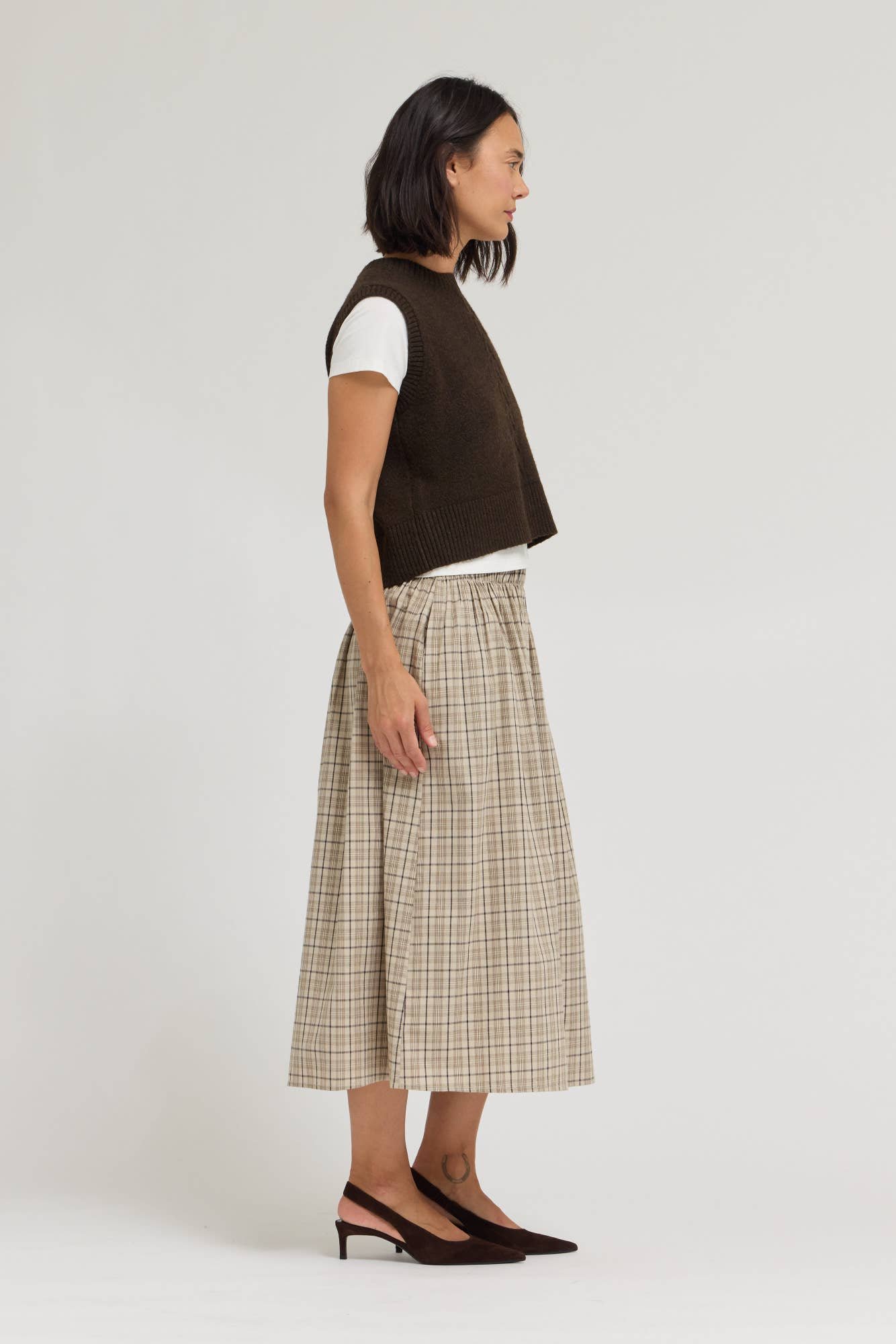Plaid Smocked Waist Midi Skirt Cream