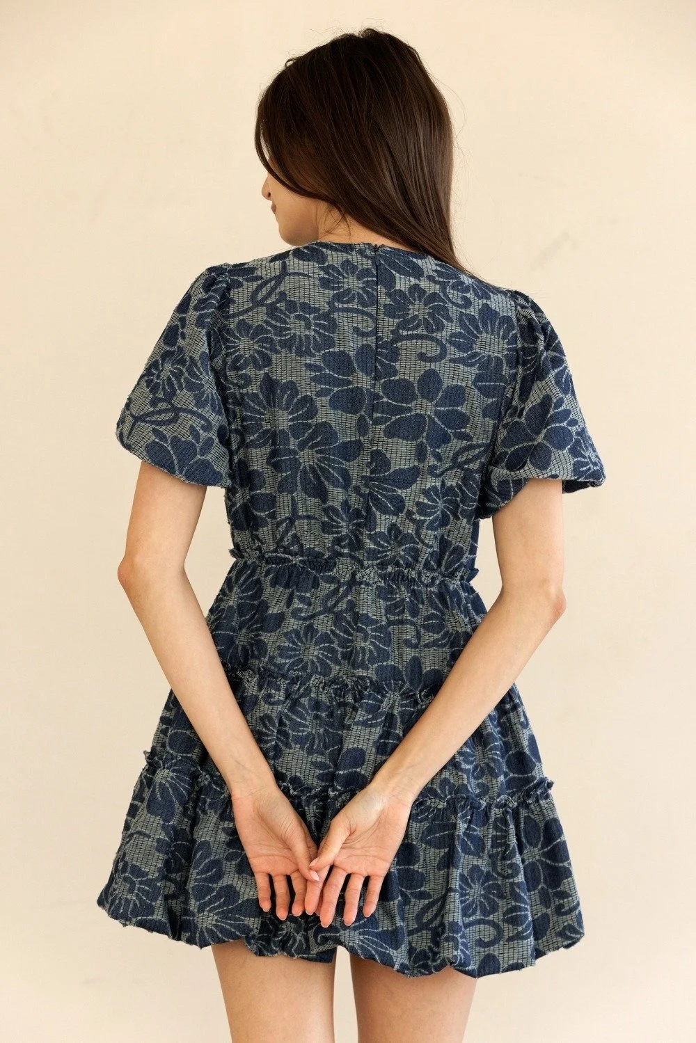 Puff Sleeve Tiered Mini Dress Indigo Floral