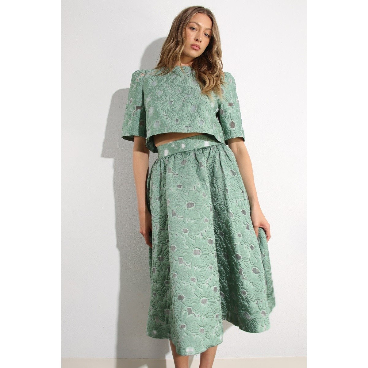 Floral Embossed Top & Skirt Set Mint