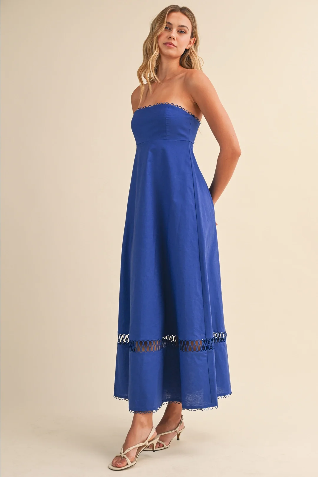Rope Detail Strapless Linen Midi Dress Royal
