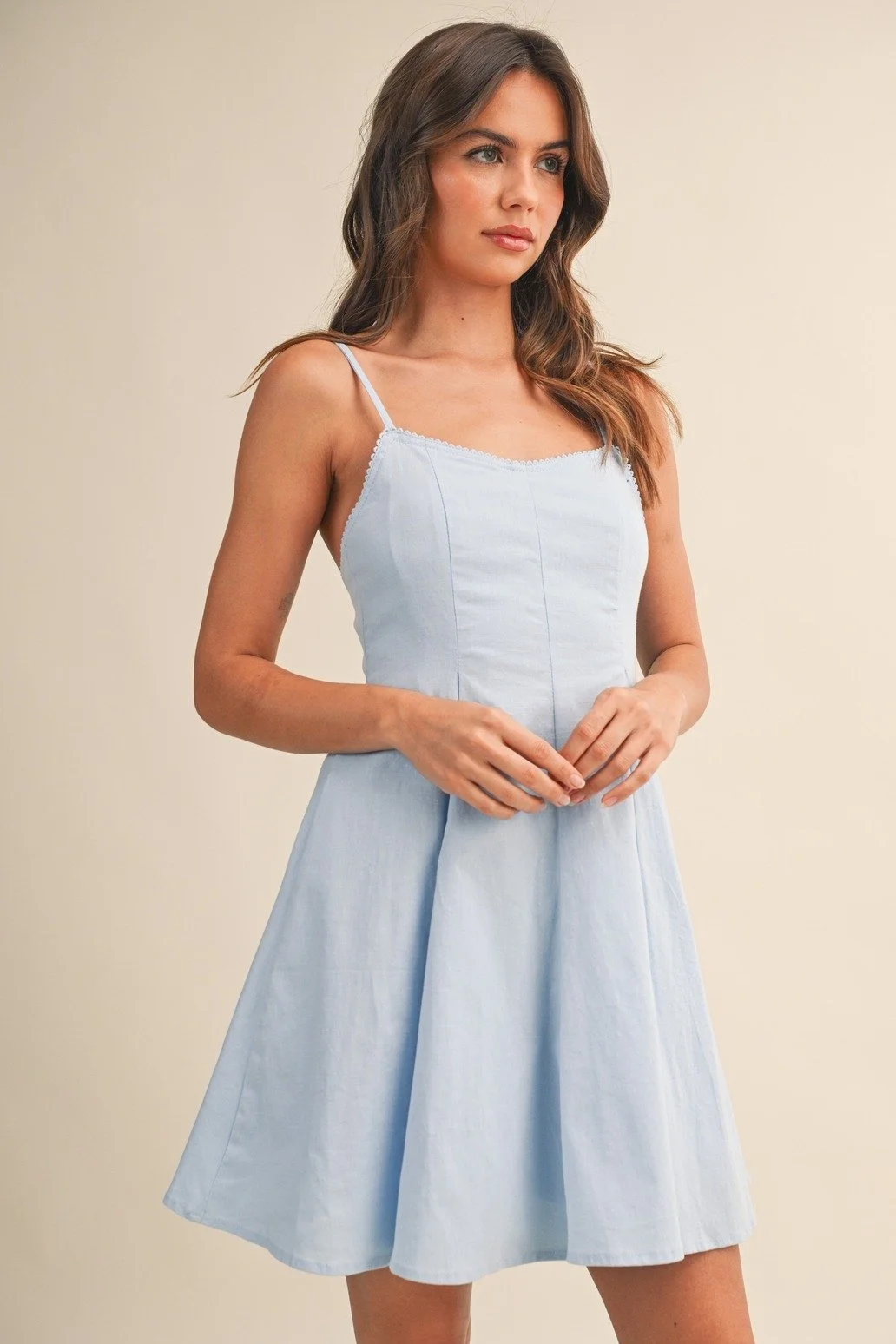 Picot Lace Trimmed Mini Dress Light Blue