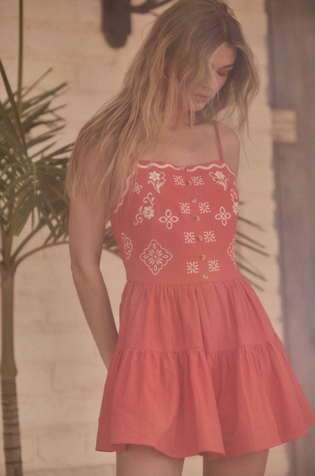 Bandana Embroidery Tiered Ruffle Romper Red Orange