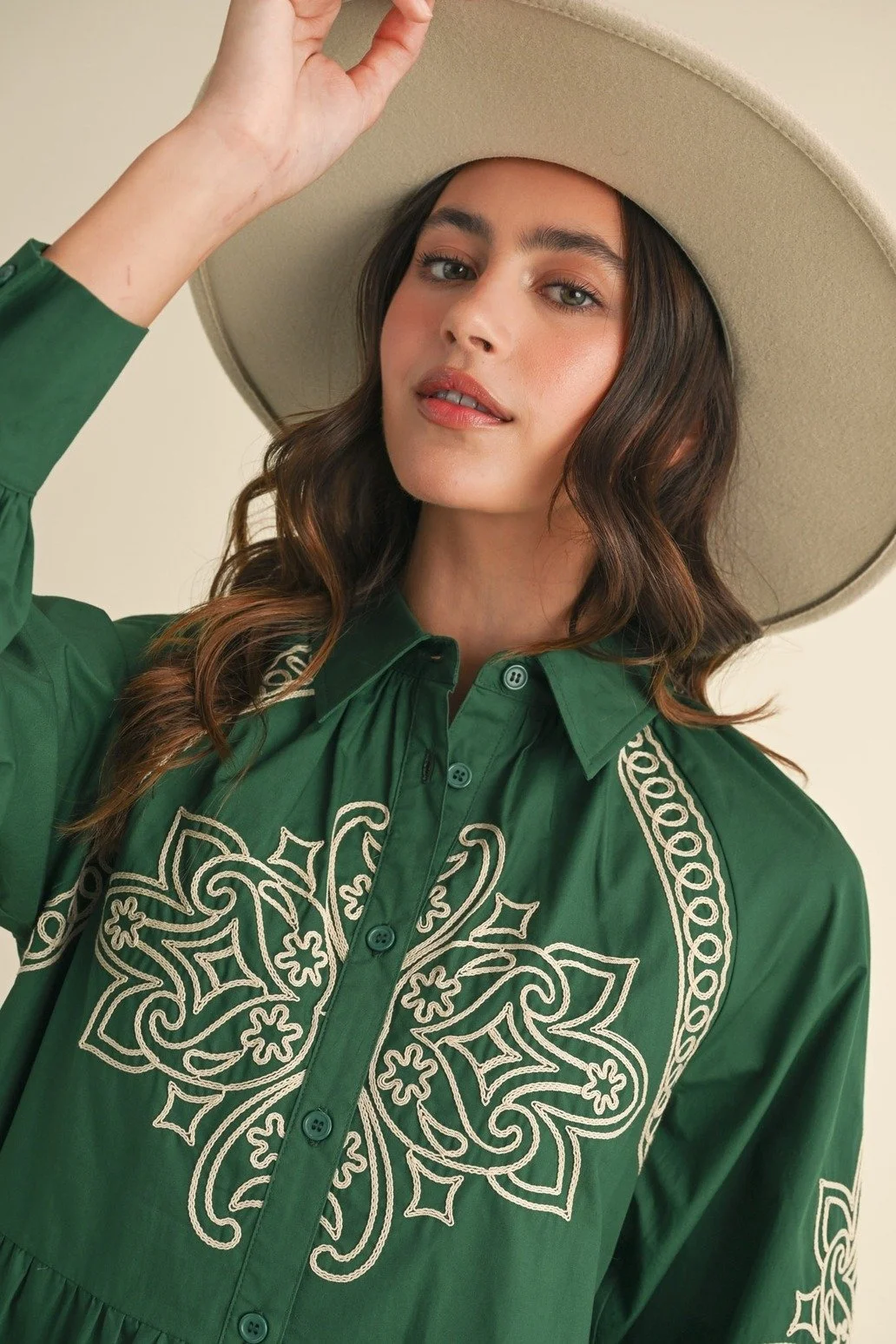 Embroidered Button Down Mini Dress Kelly Green