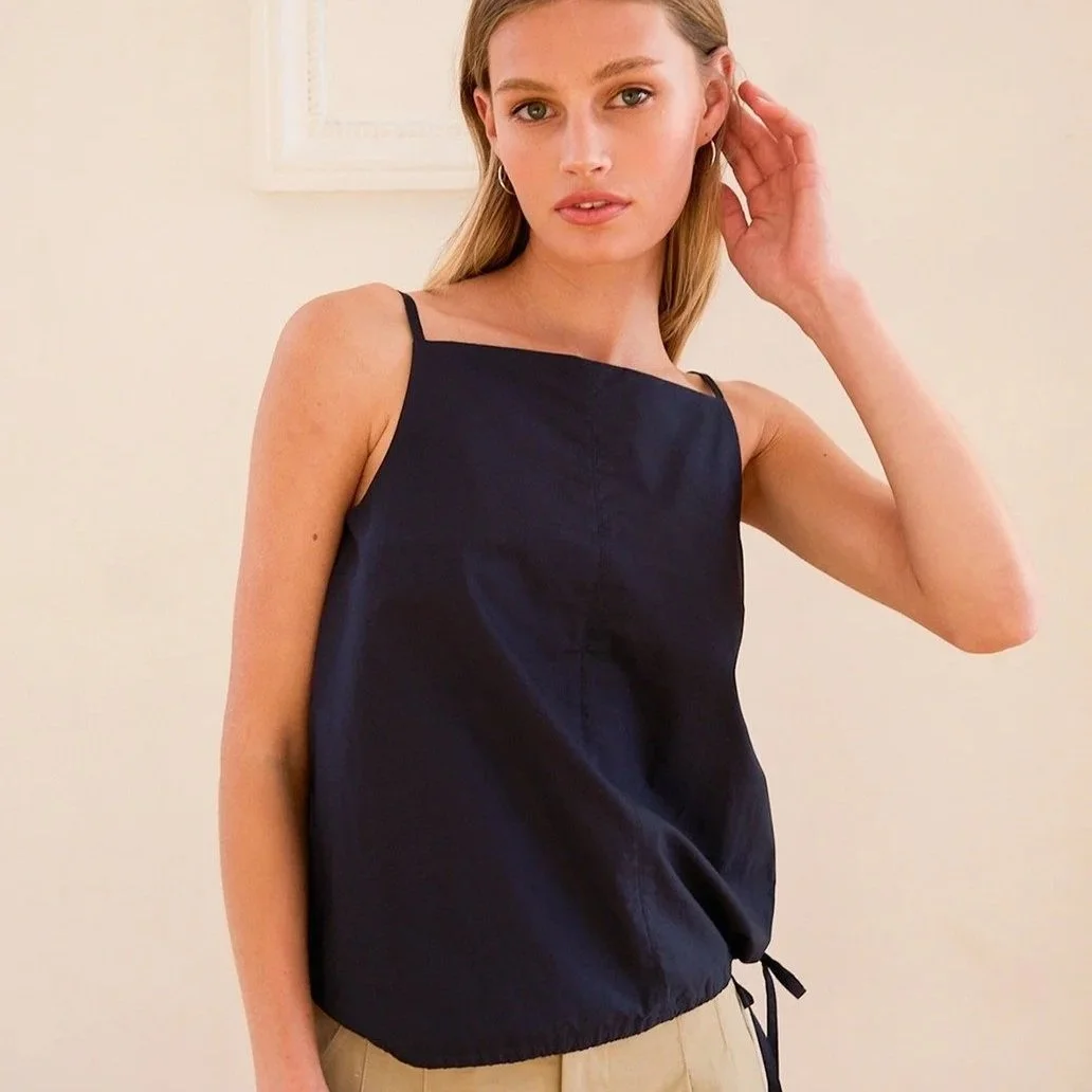 Square Neck Cotton Bubble Tank Navy