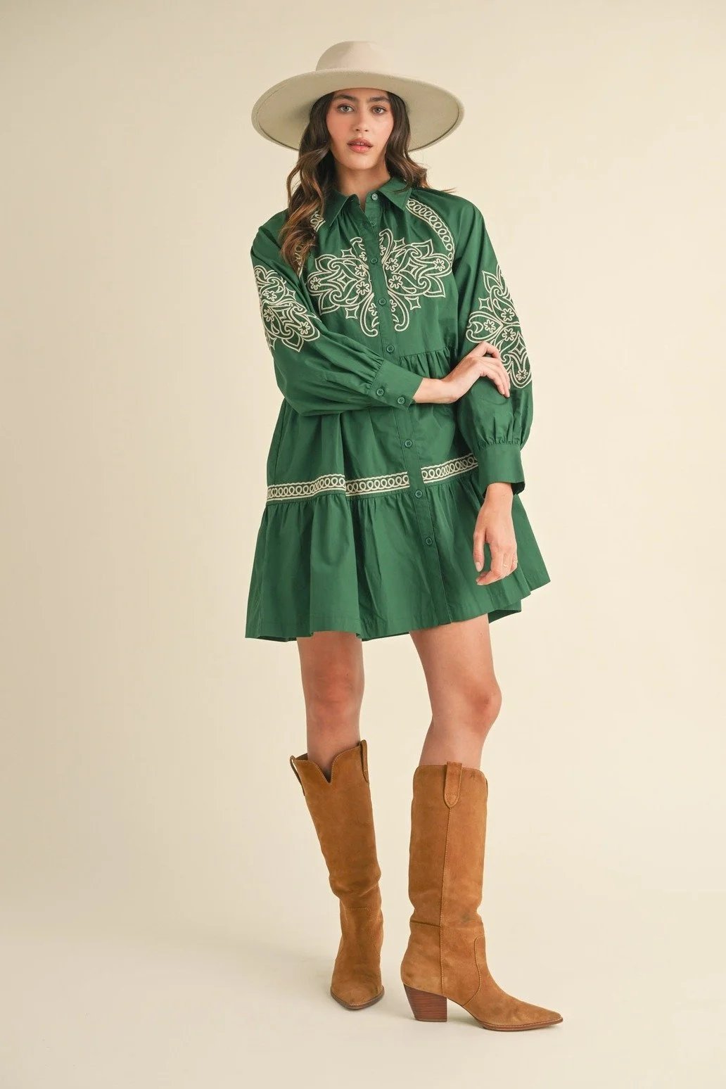 Embroidered Button Down Mini Dress Kelly Green