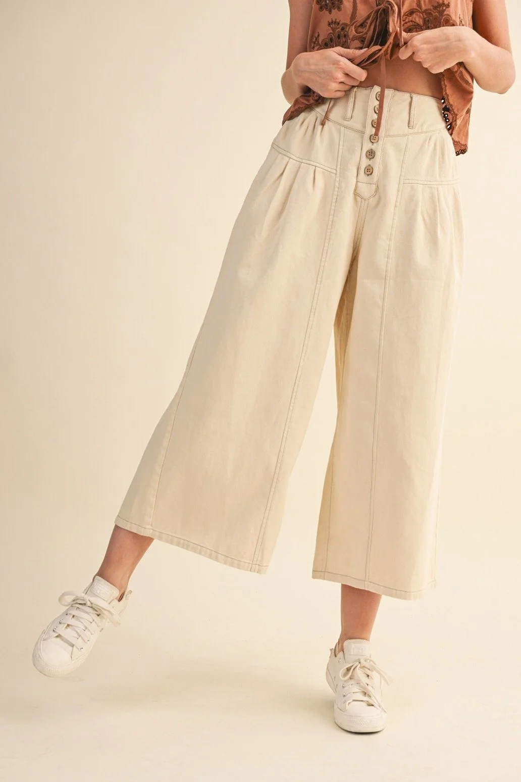 Cotton Twill Pleat Front Pants Cream