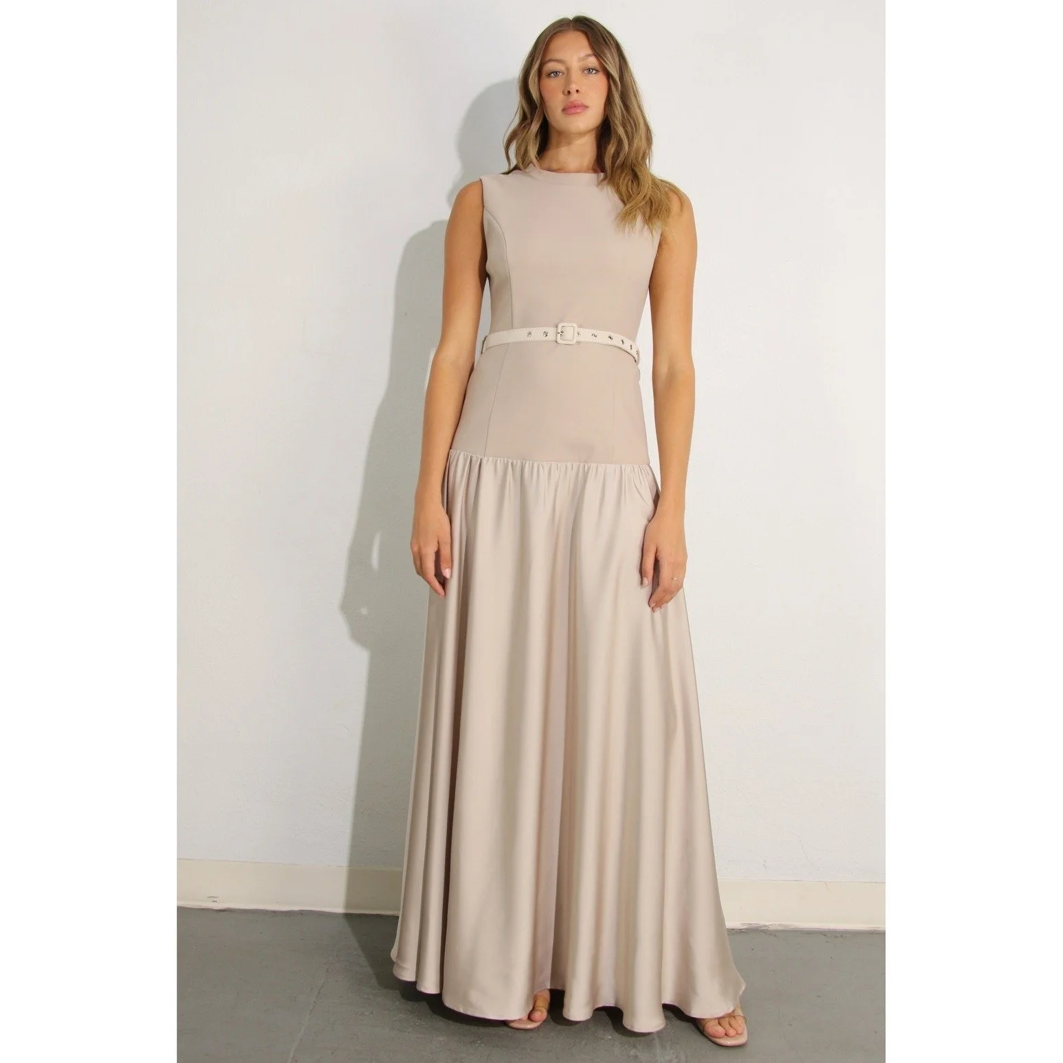 Mixed Fabric Belted Maxi Dress Mauve Brown