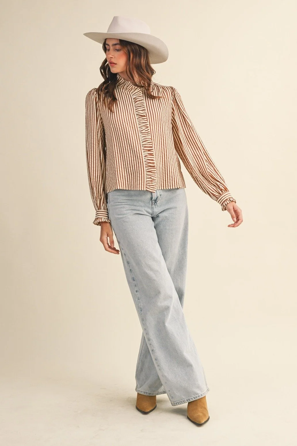 Ruffle Collar Button Front Blouse Pecan Ticking Stripe