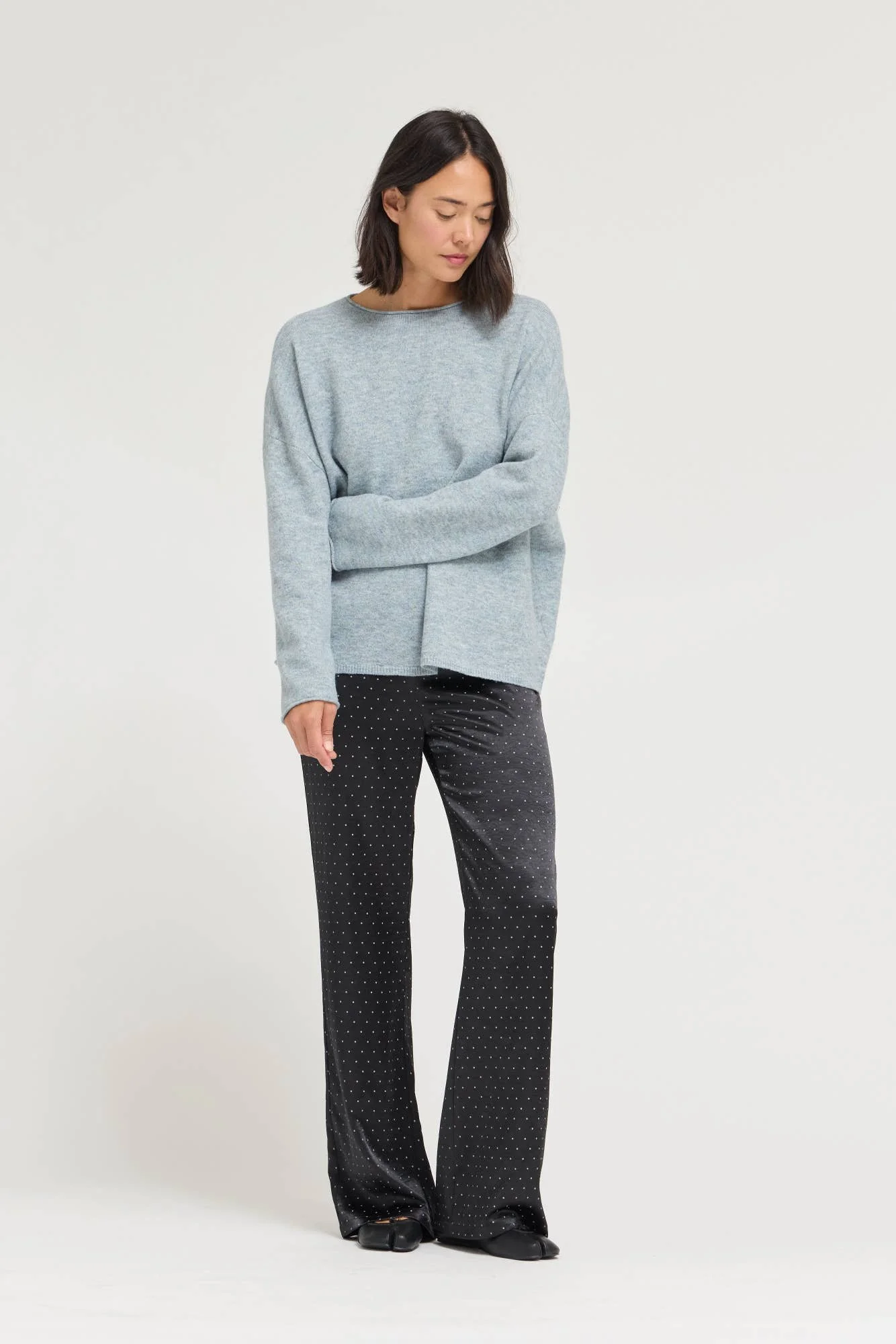 Back Button Boatneck Sweater Top Blue Grey
