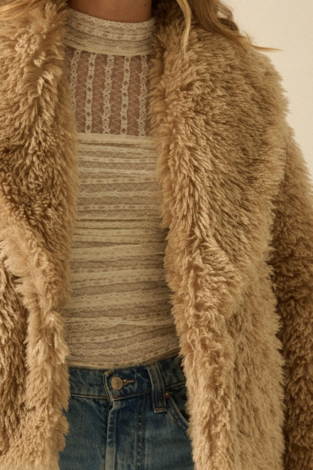Faux Fur Shawl Collar Jacket Sand