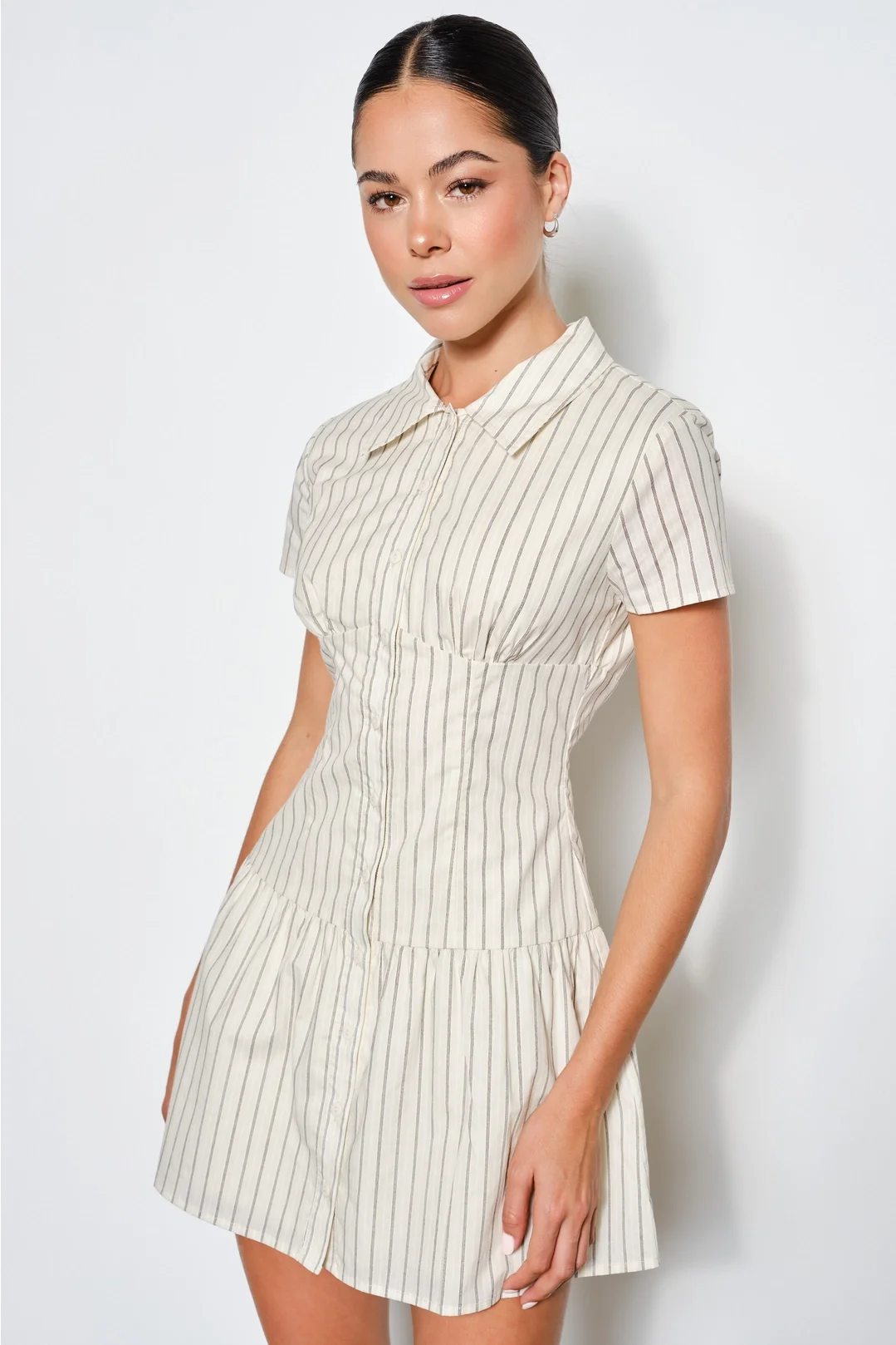 Loretta Shirt Mini Dress Beige Stripe