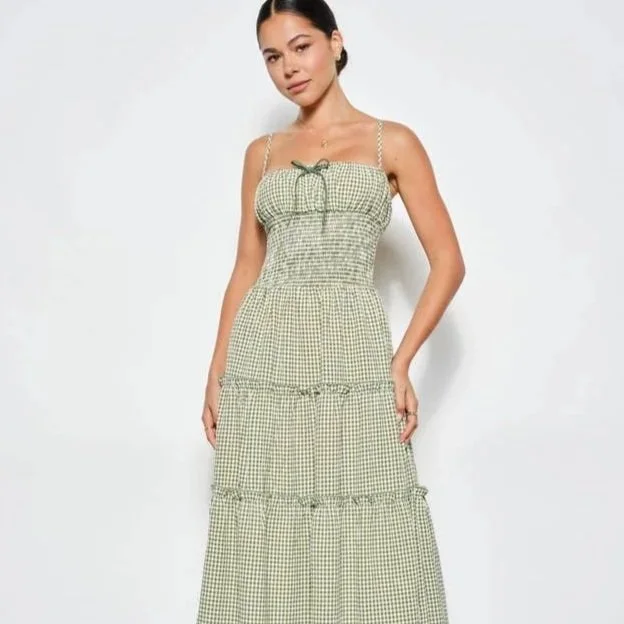 Carol Smocked Tiered Maxi Dress Olive Gingham