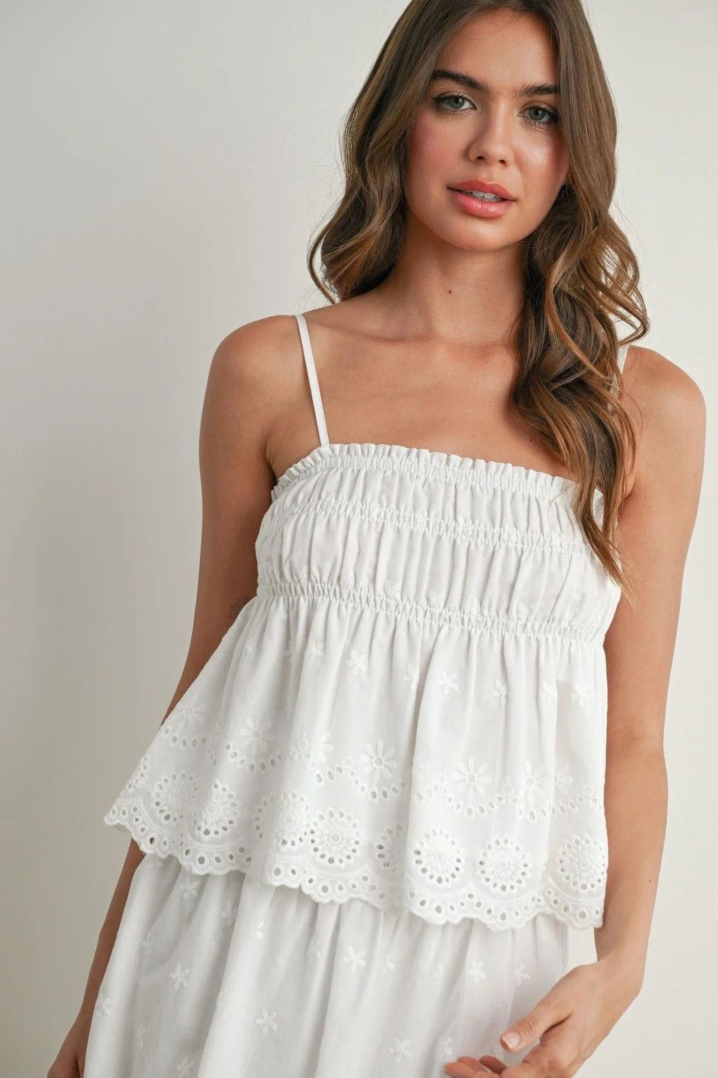 Eyelet Ruffle Smocked Top White
