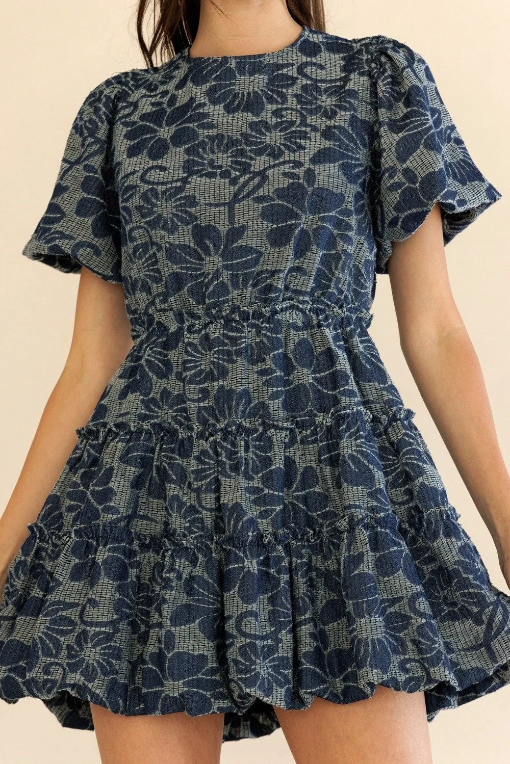 Puff Sleeve Tiered Mini Dress Indigo Floral