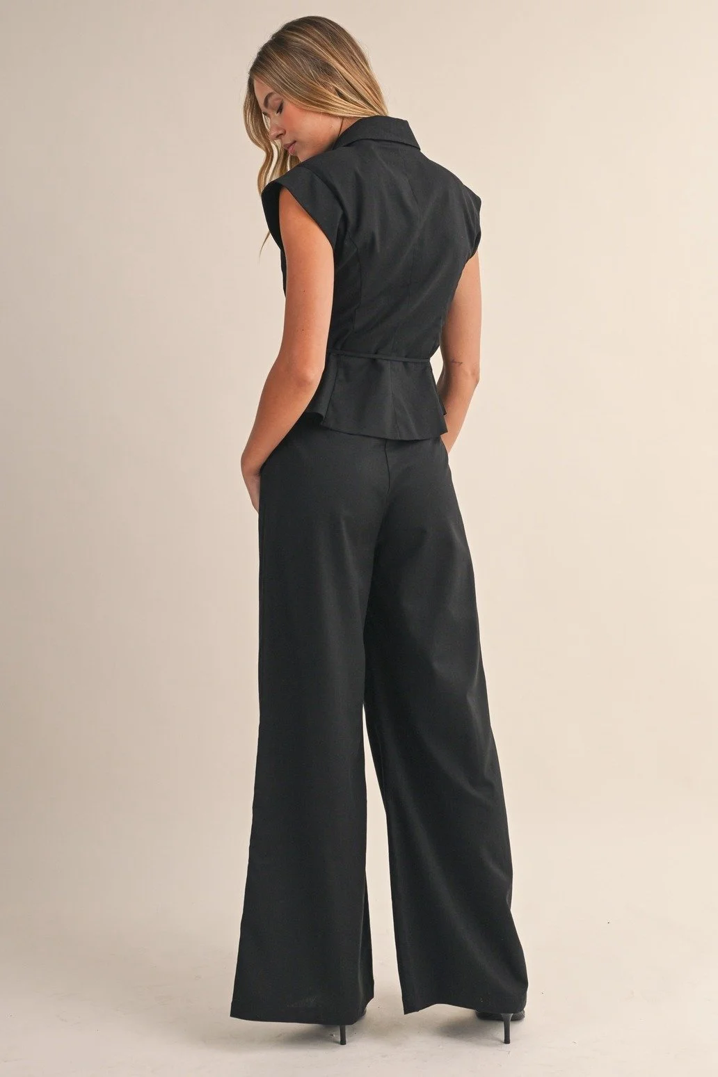 Linen Wrap Top & Pleated Trouser Set Black