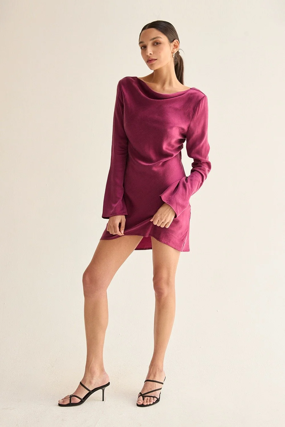 Sarai Bell Sleeve Draped Mini Dress Merlot