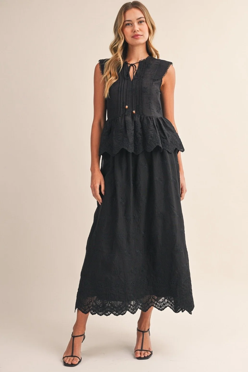 Embroidered Eyelet Blouse & Midi Skirt Set Black